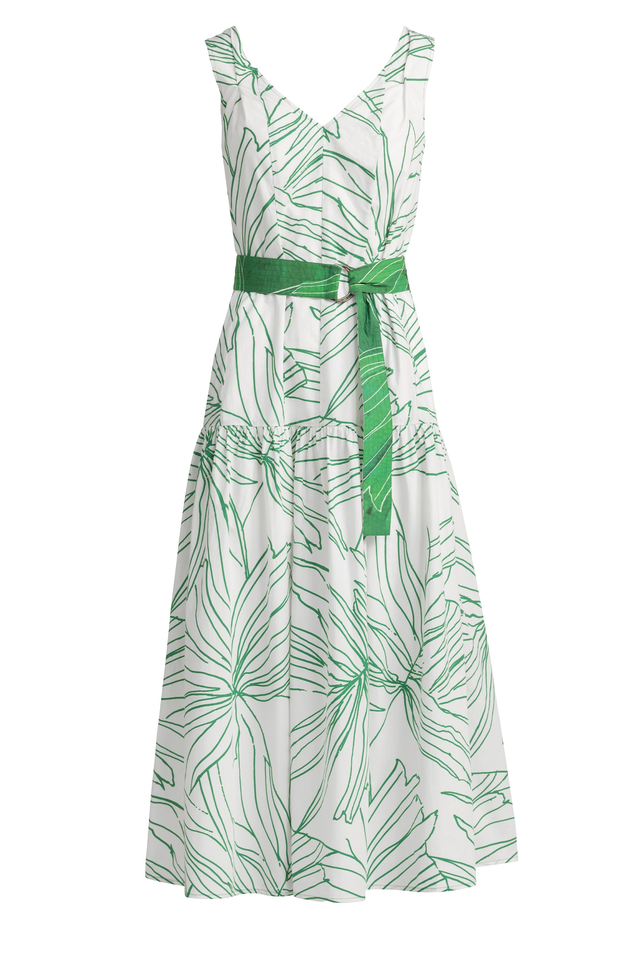 V-neck printed dress with gathered waist and a flattering full skirt