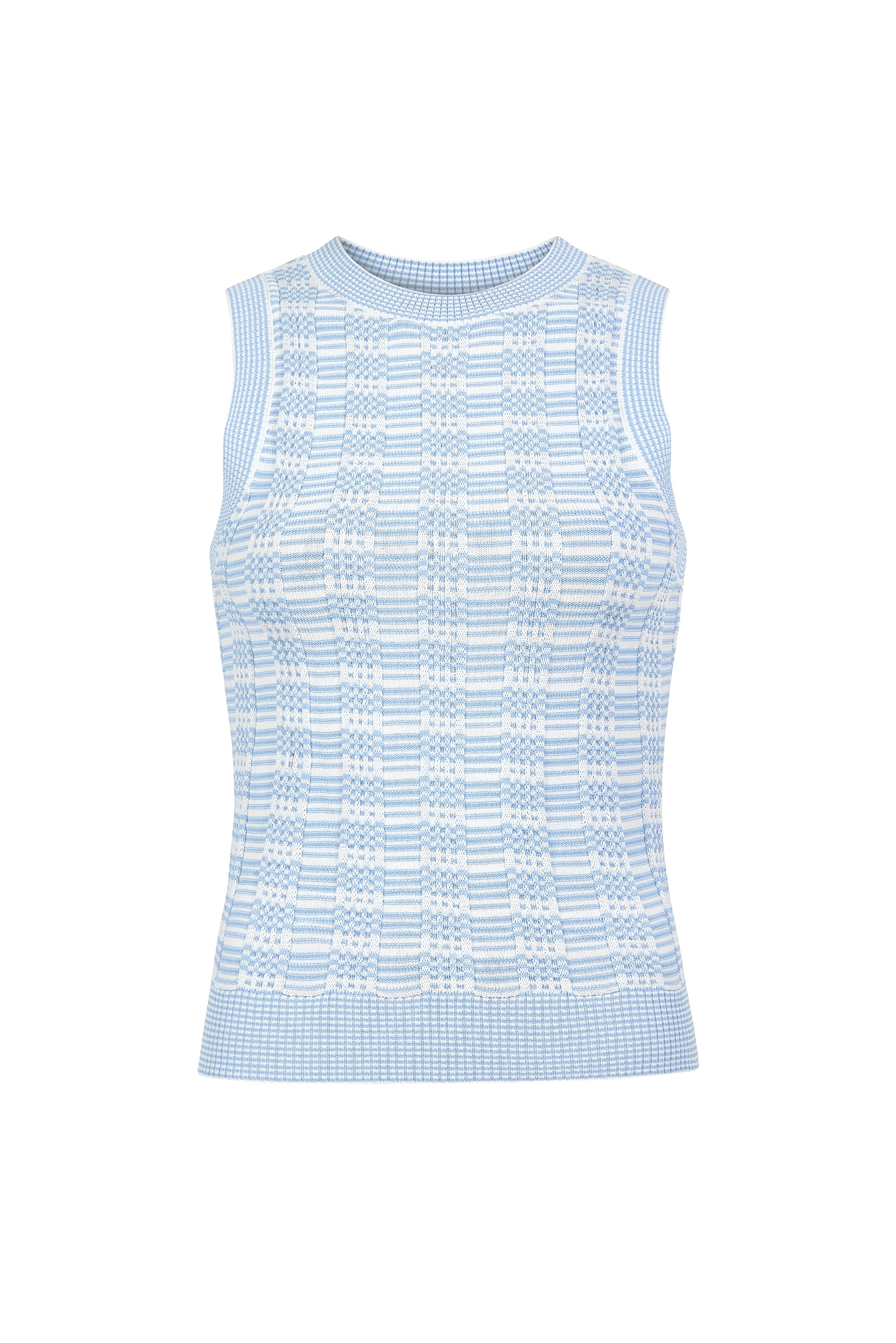 Slim fit knit top in a blue and white grid-like design