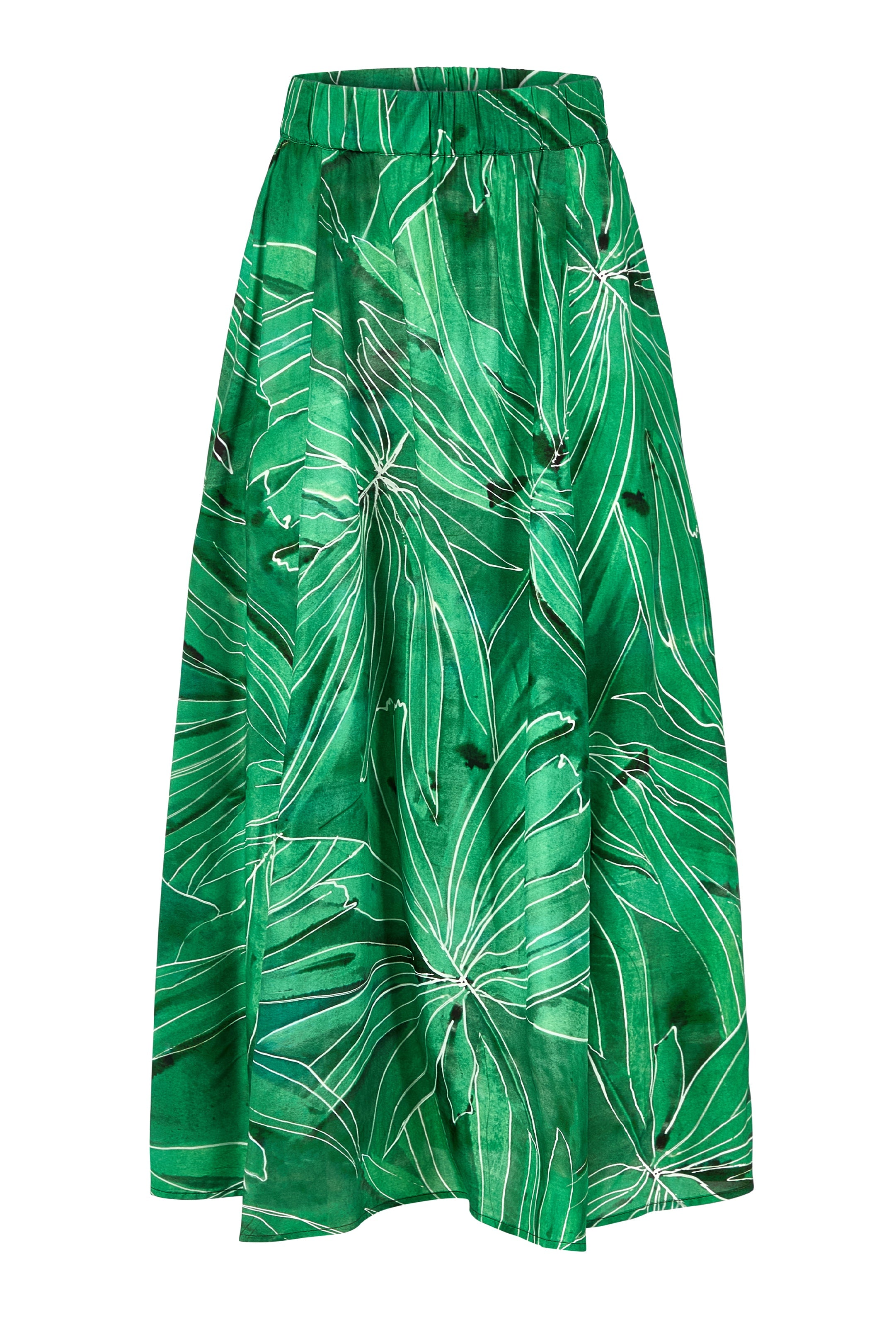 Relaxed fit green skirt with tropical white line detailing and gathered waist