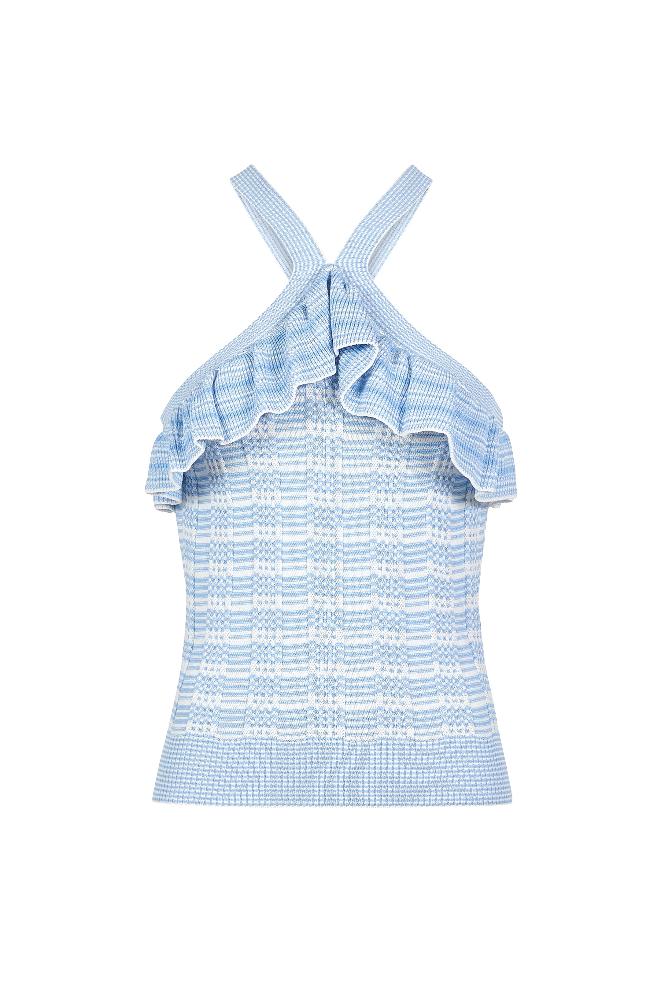 Textured knit top in baby blue with halter silhouette