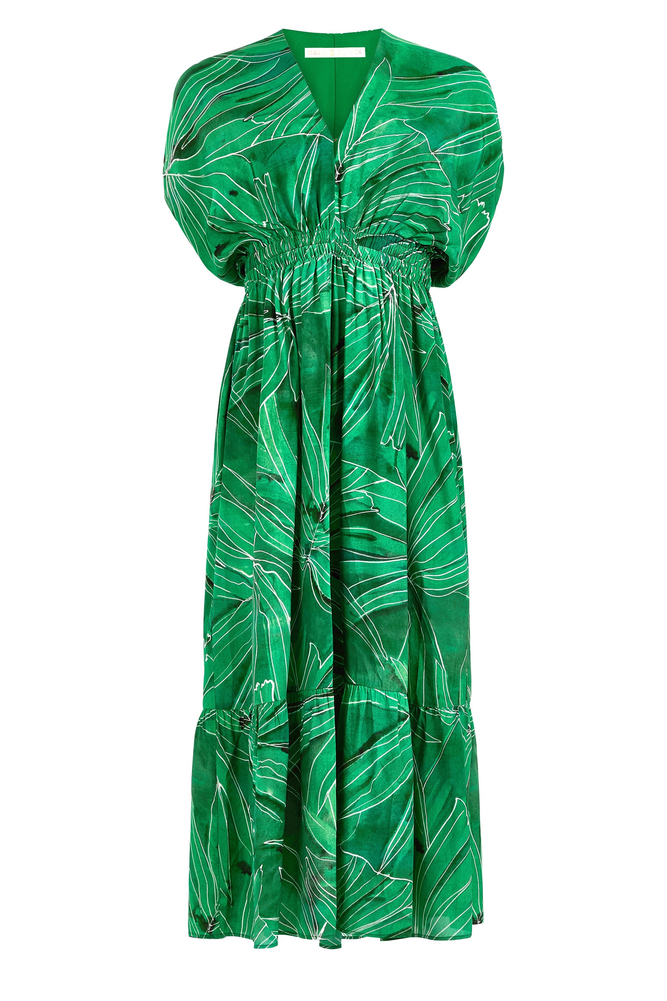 Green midi dress with tropical leaf print and gathered waist
