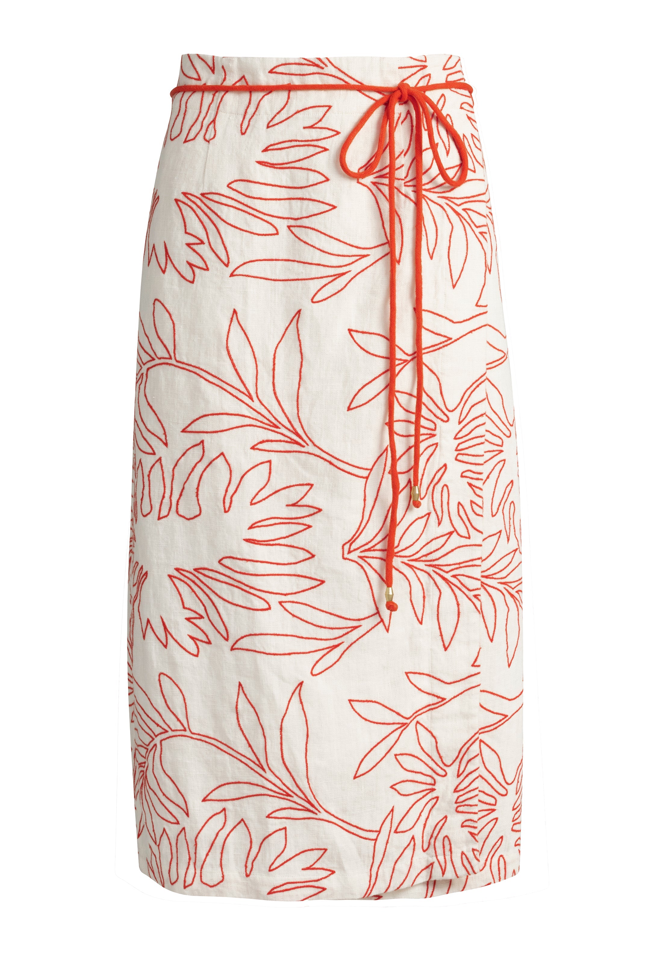 Tropical embroidered linen skirt in warm cream and rust tones