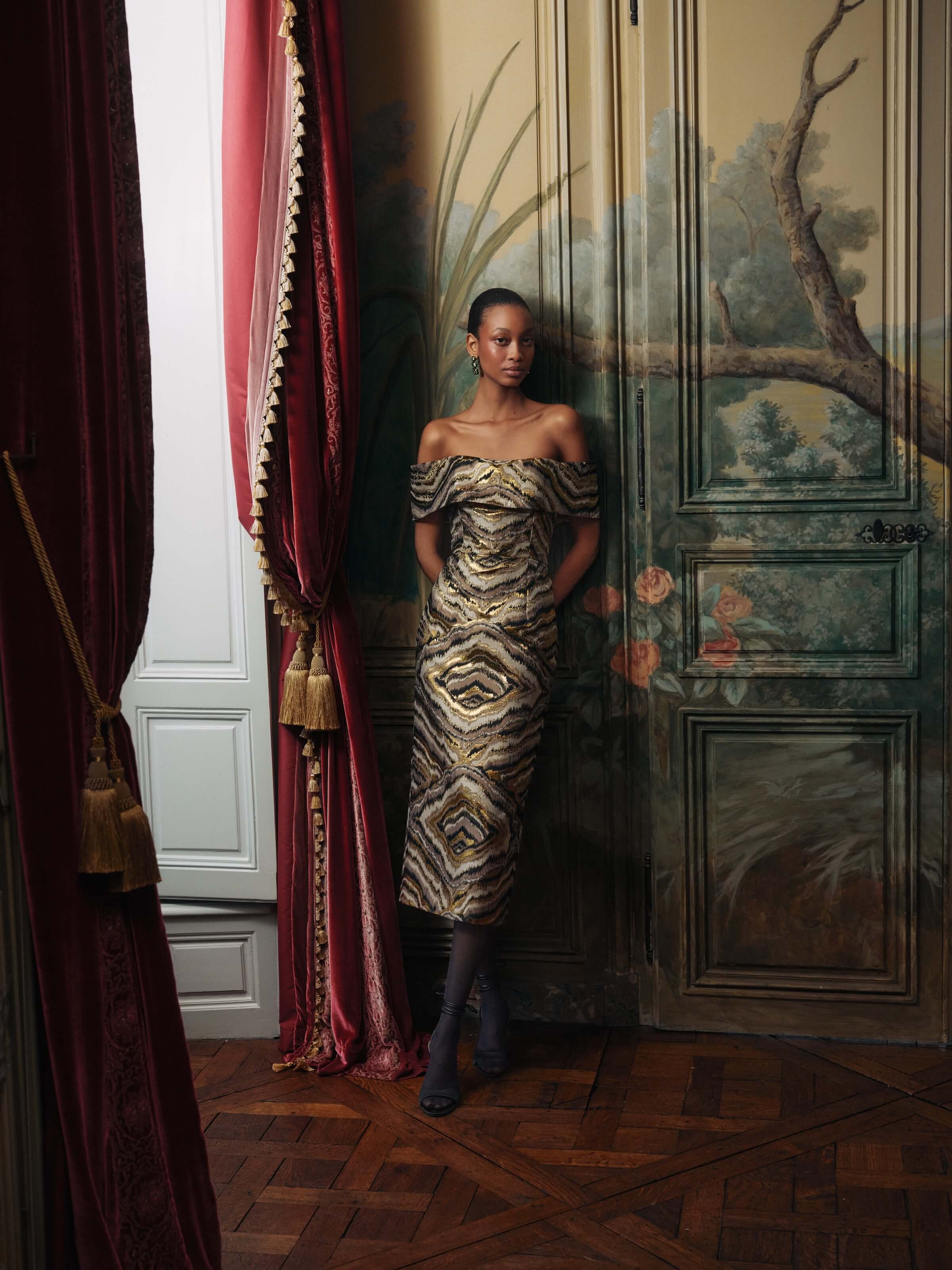 Gloria Metallic Jacquard Off-The-Shoulder Dress