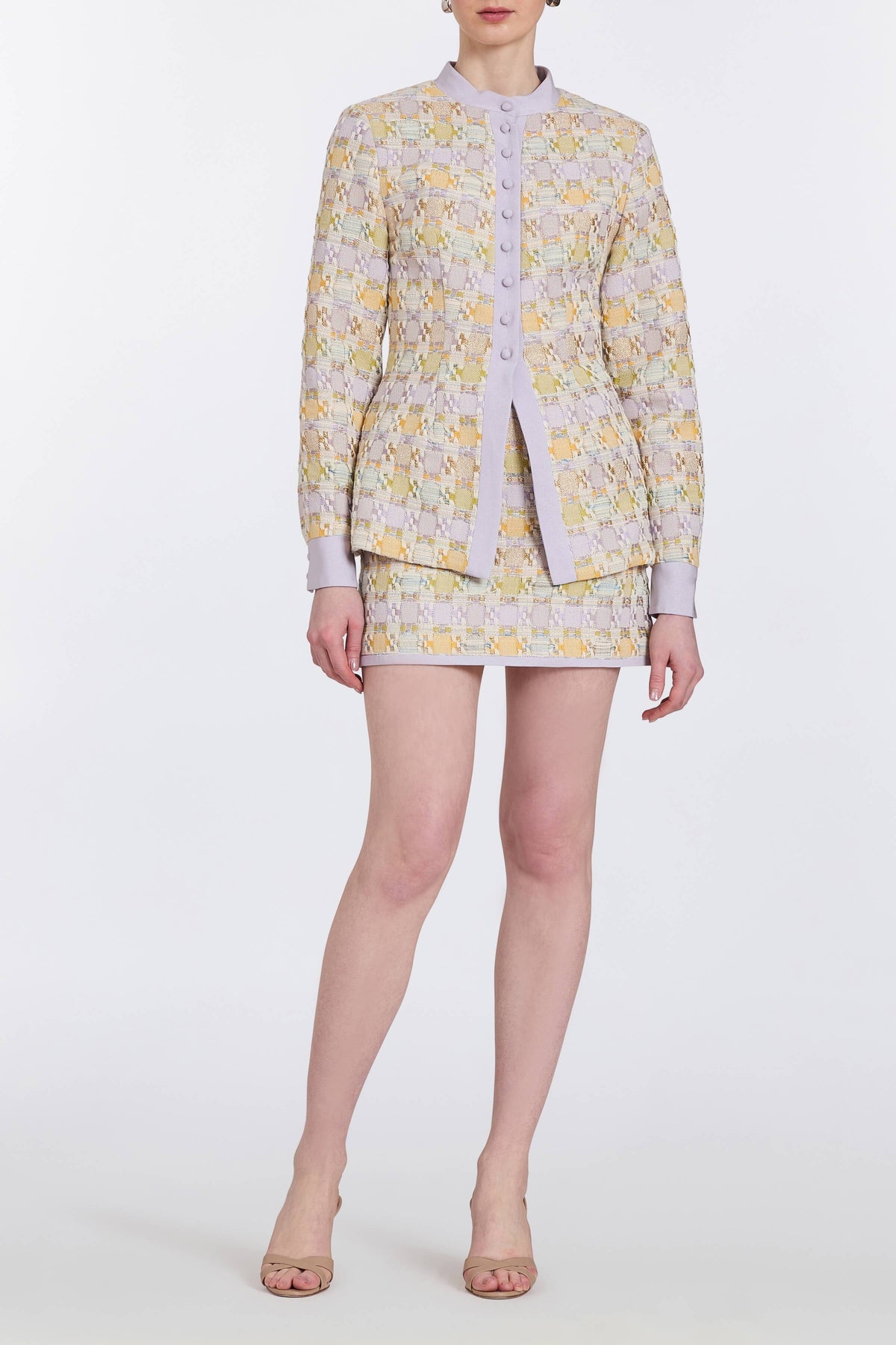 Raven Pastel Metallic Tweed Long Sleeve Button Down Top