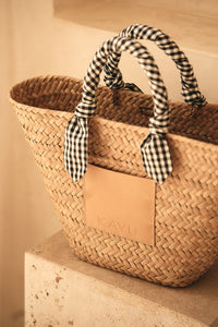 Marlow Straw Scarf Tote Bag in Black Gingham