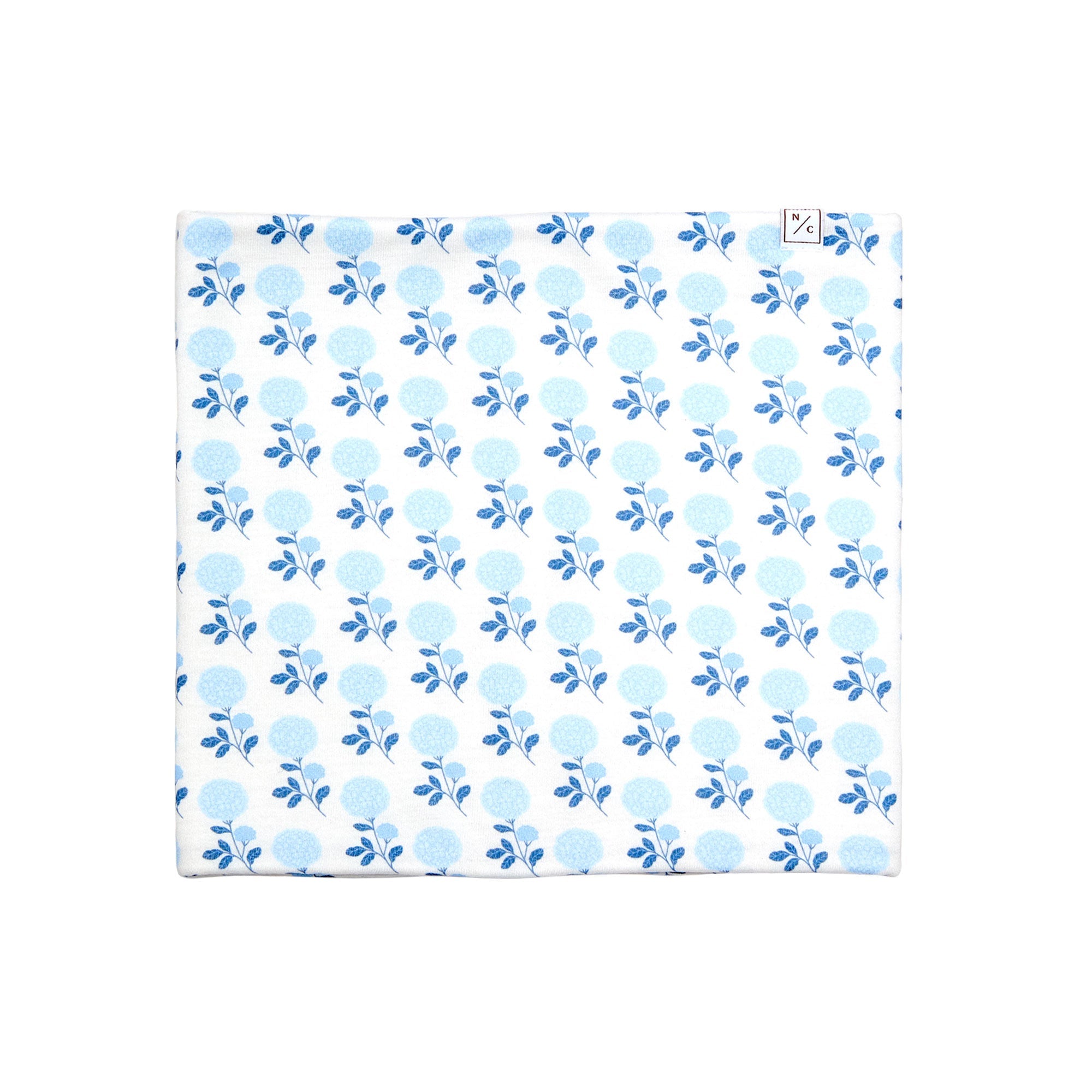 Kids and women's blue floral hydrangea fleece neck warmer for boys and girls, made with soft, breathable fabric to keep necks warm during outdoor play, skiing, and winter snow activities