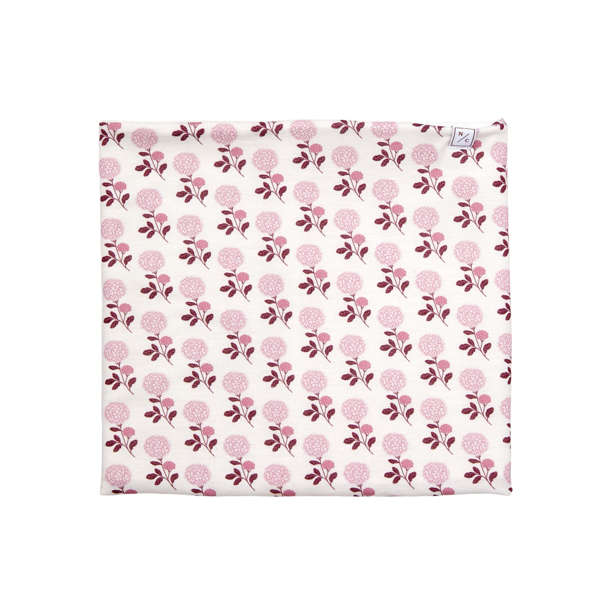 Kids and women's pink floral hydrangea fleece neck warmer for boys and girls, made with soft, breathable fabric to keep necks warm during outdoor play, skiing, and winter snow activities