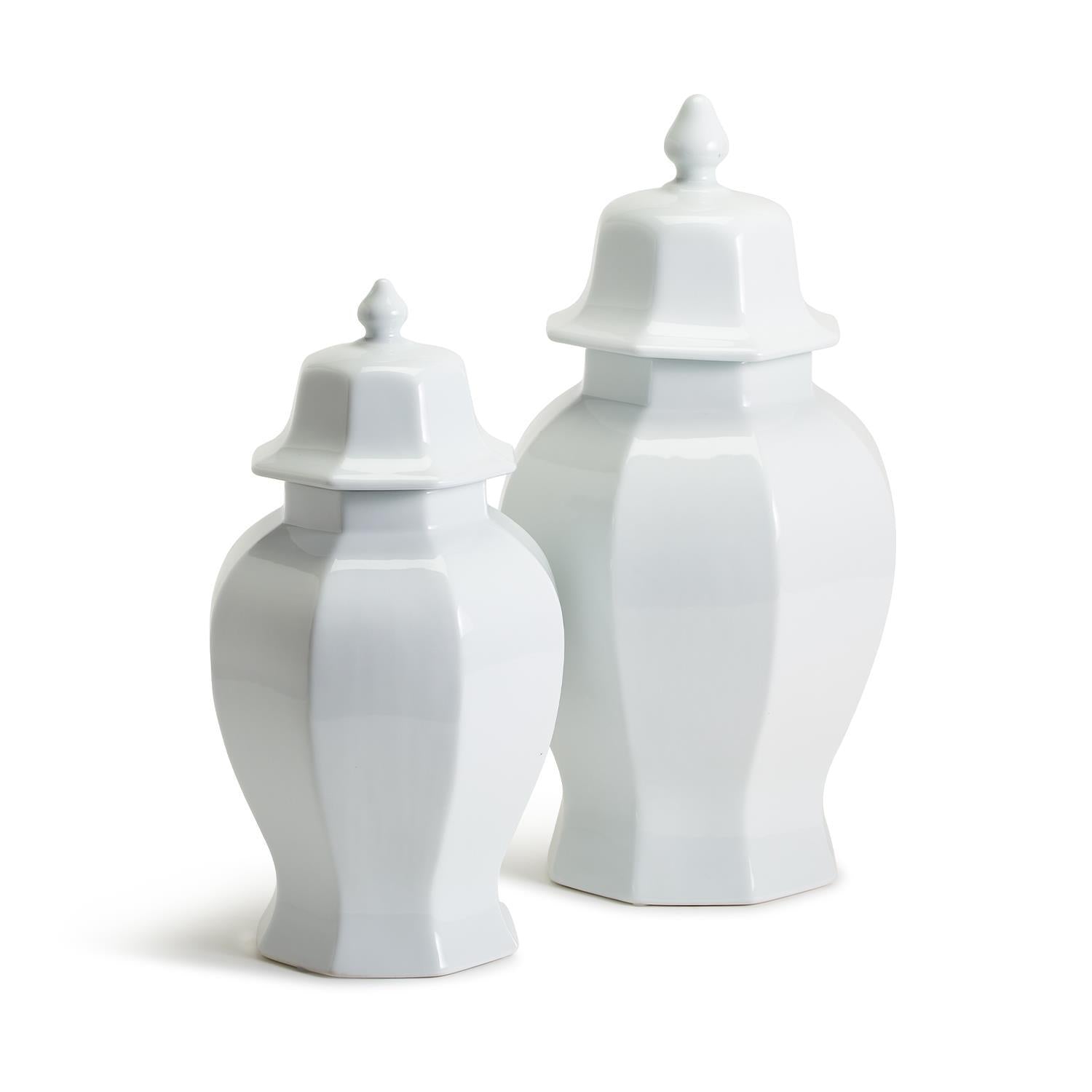 White Hexagonal Temple Jars with Lid, Set of 2