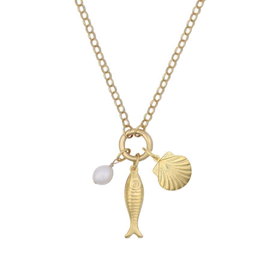 OTM Exclusive: Percy Clip Necklace: Cloud Pearl, Gold Fish, Gold Scallop