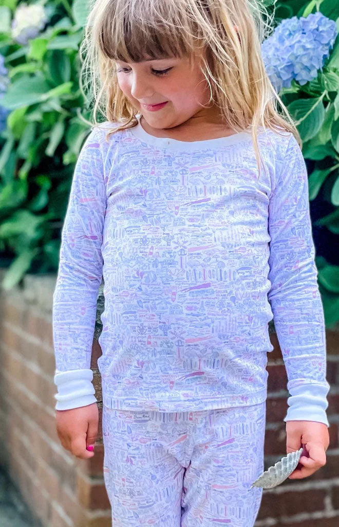 Hamptons Two Piece Kids Pajamas in Sunset Pink