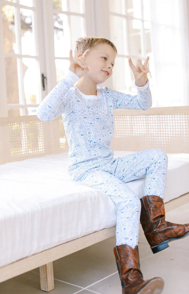 Dallas Fort Worth Two Piece Kids Pajamas in Stars at Night Blue