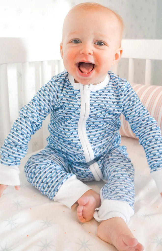 Sailor Hearts Zip Baby Onesie in Chatham Blue