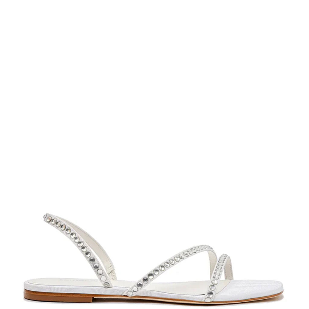 Vicky Flat Sandal in White Fabric & Crystals