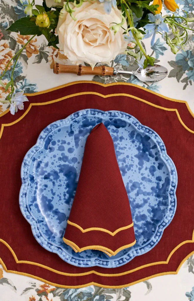 Emma Napkin in Brick with Mustard Embroidery