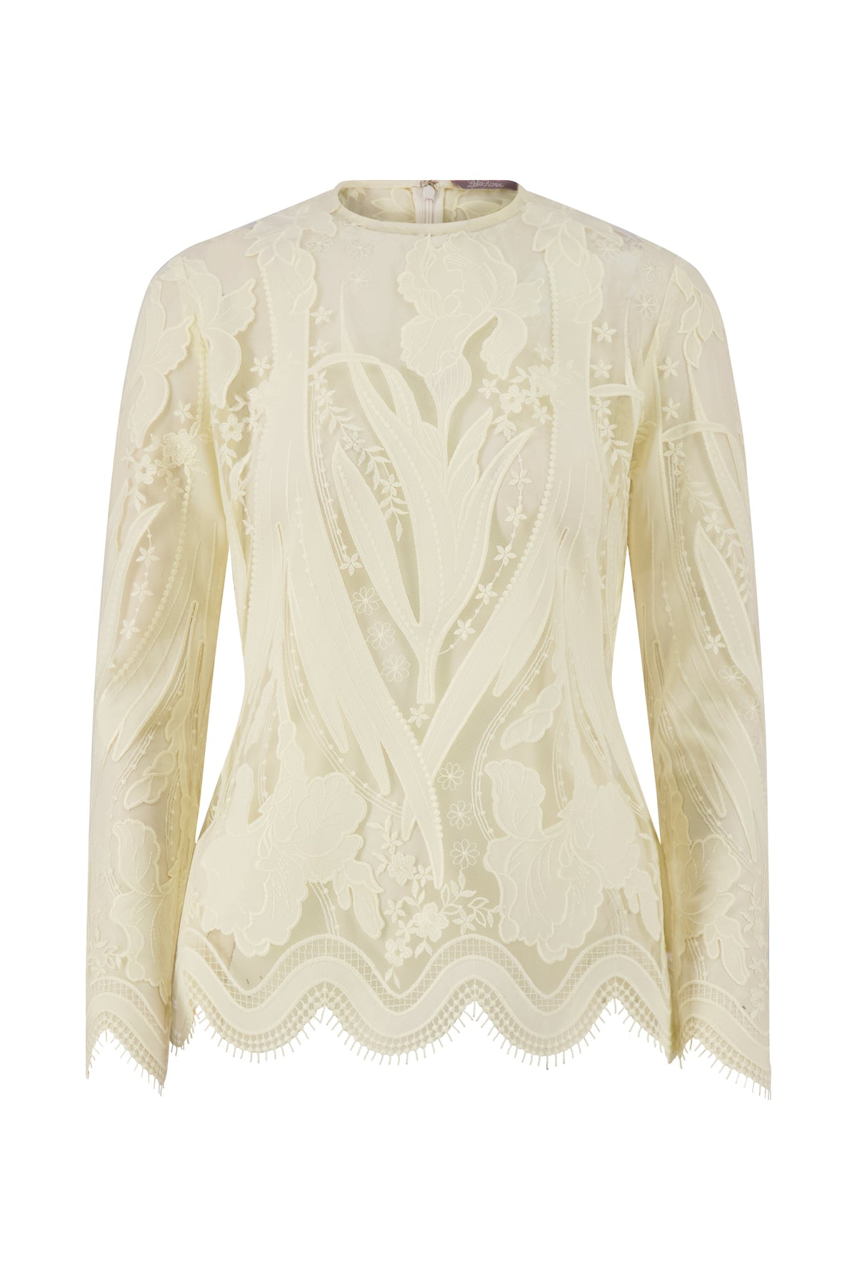 Floral Embroidered Tulle Long Sleeve Peplum Top in Cream