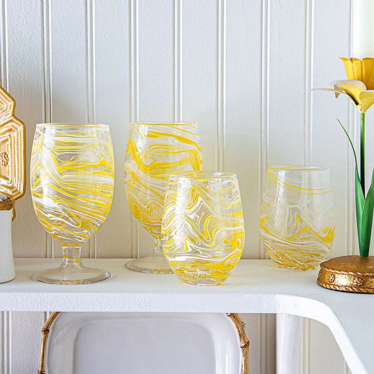 Puro Marbled Stemless Wine Glass in Yellow