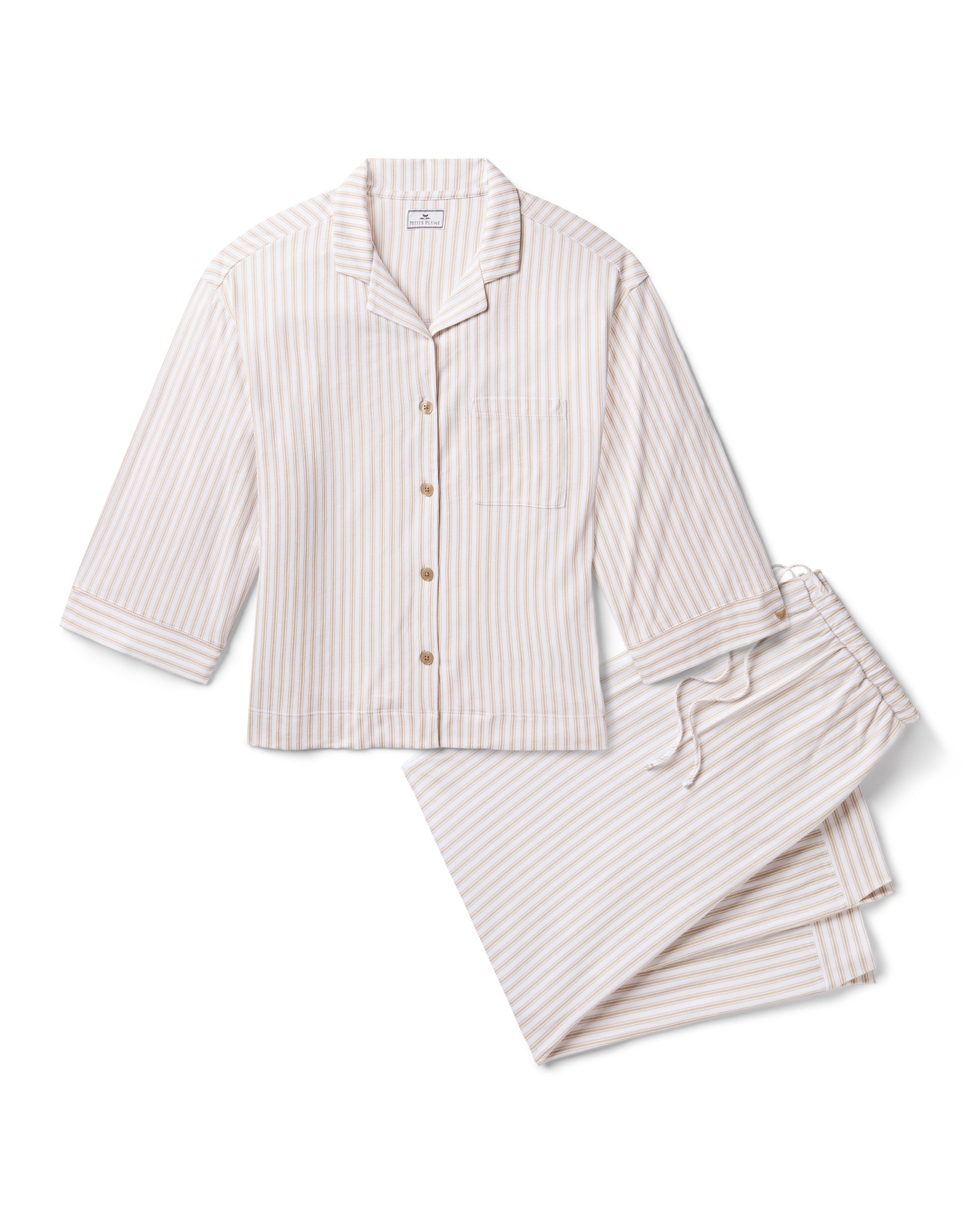 The Olivia Wide Leg Pima Pajama Set in Camel Ticking