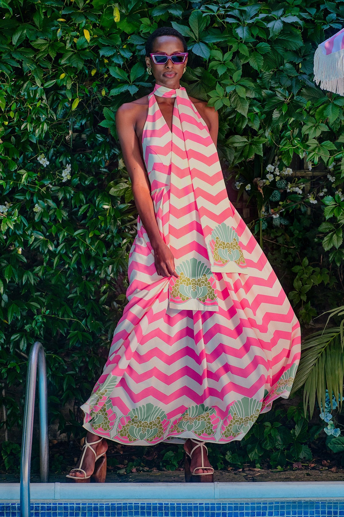 Palm Beach Halter Dress Pink Chevron