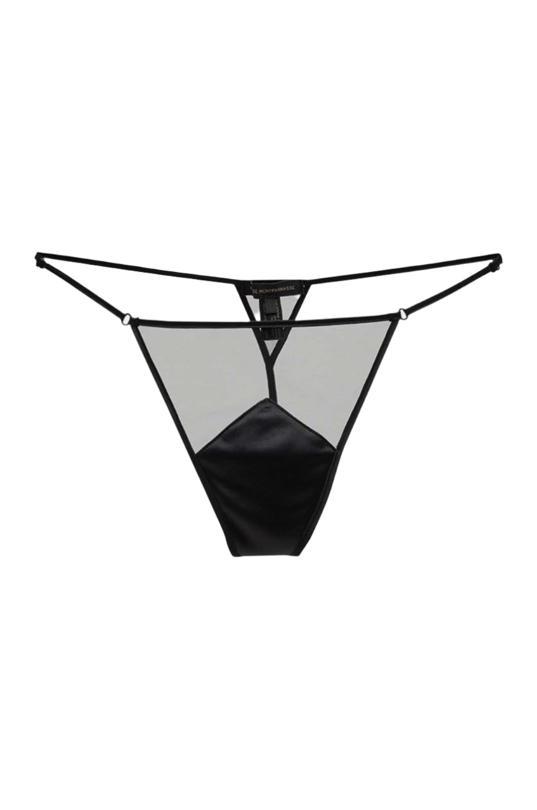 Sheer G-string with triangular stretch silk charmeuse coverage adjustable side straps  flat lay