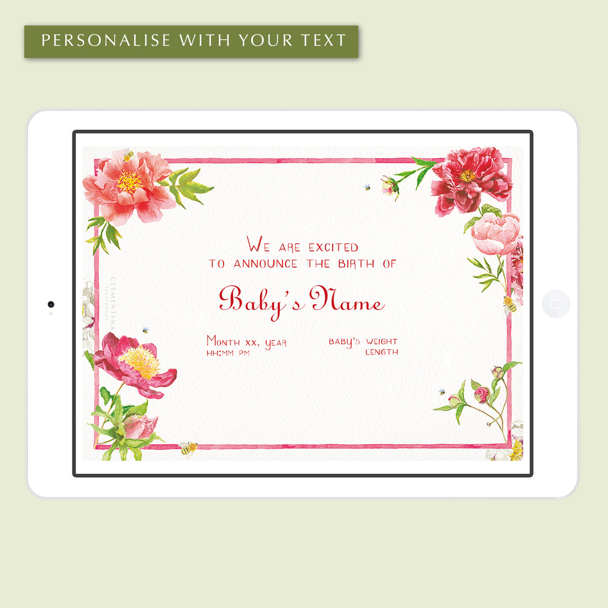 Digital Peonies Birth Announcement with Photo