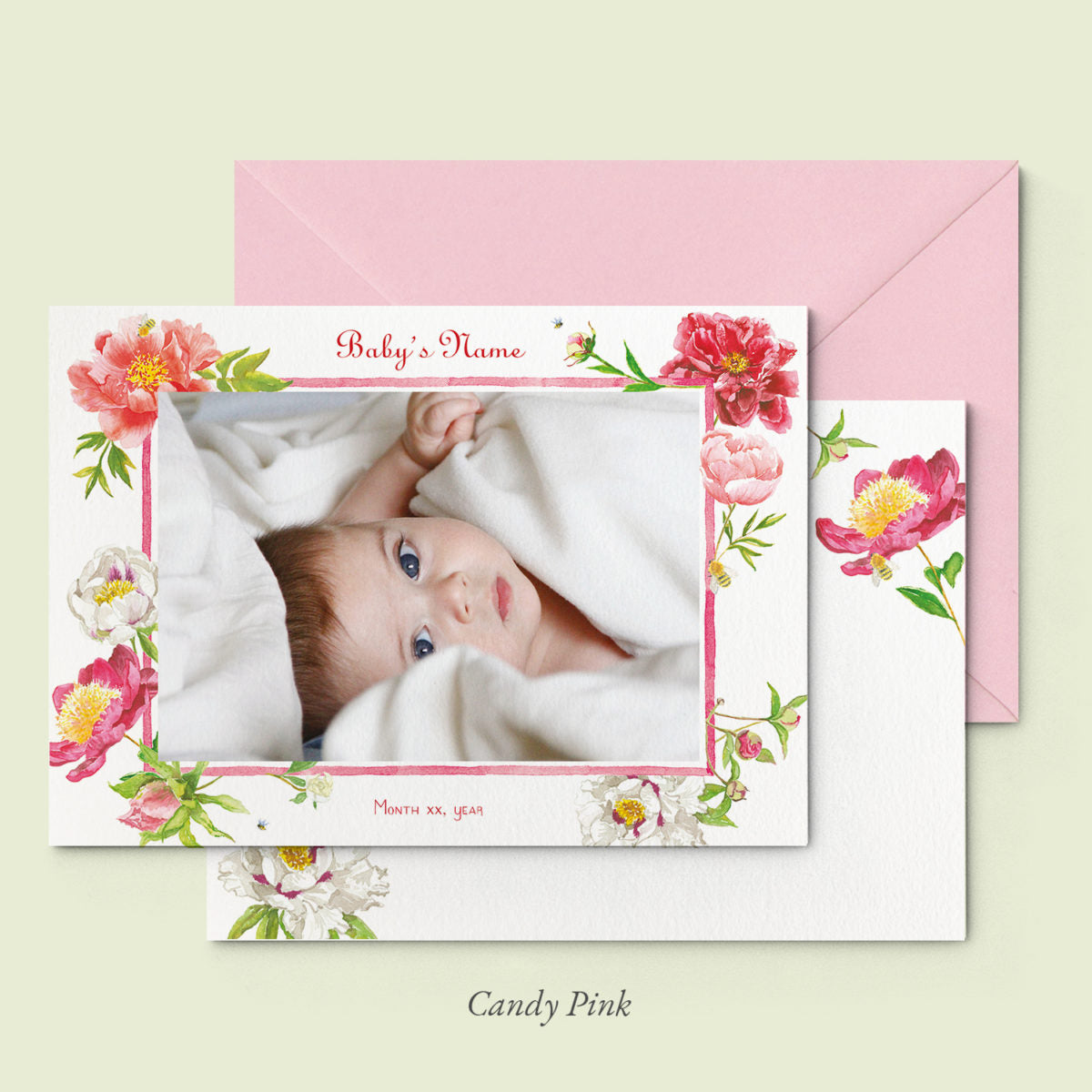 Peonies Birth Announcement with Photo, Set of 50