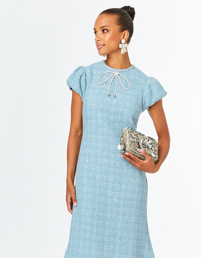 Perla Bow Midi Dress in Periwinkle Sparkle Tweed