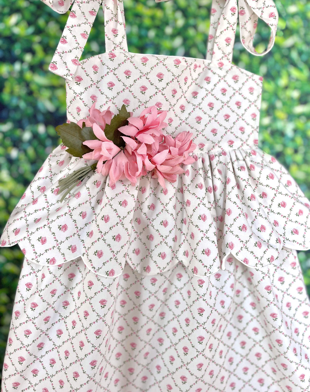 Scallop Peplum Petal Dress in Pink Rose Trellis