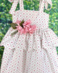 Scallop Peplum Petal Dress in Pink Rose Trellis