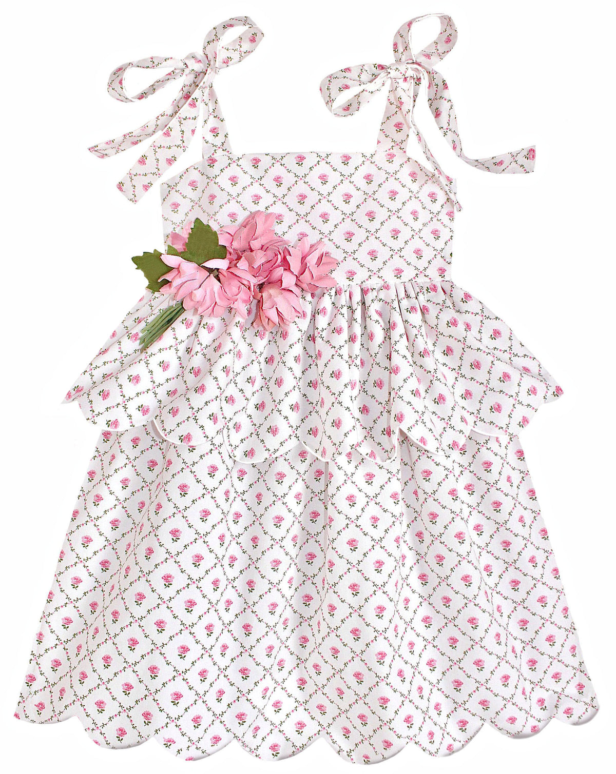 Scallop Peplum Petal Dress in Pink Rose Trellis