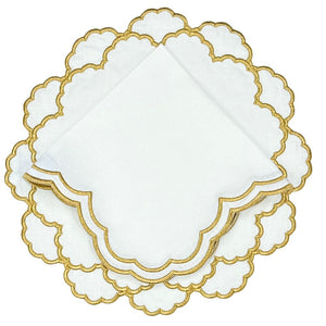 Premium Luxury Linen Placemat and napkin in white with gold embroidery and scalloped. 