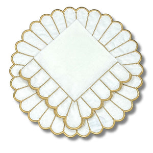 Pippa Placemat and Napkin shown together in premium luxury linen with gold embroidery