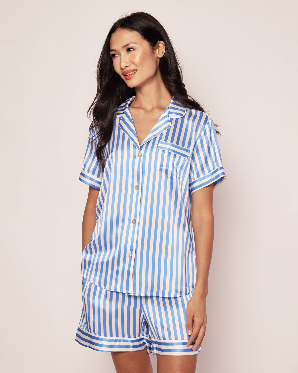 Women’s Silk Pajama Short Set in Azure Stripe