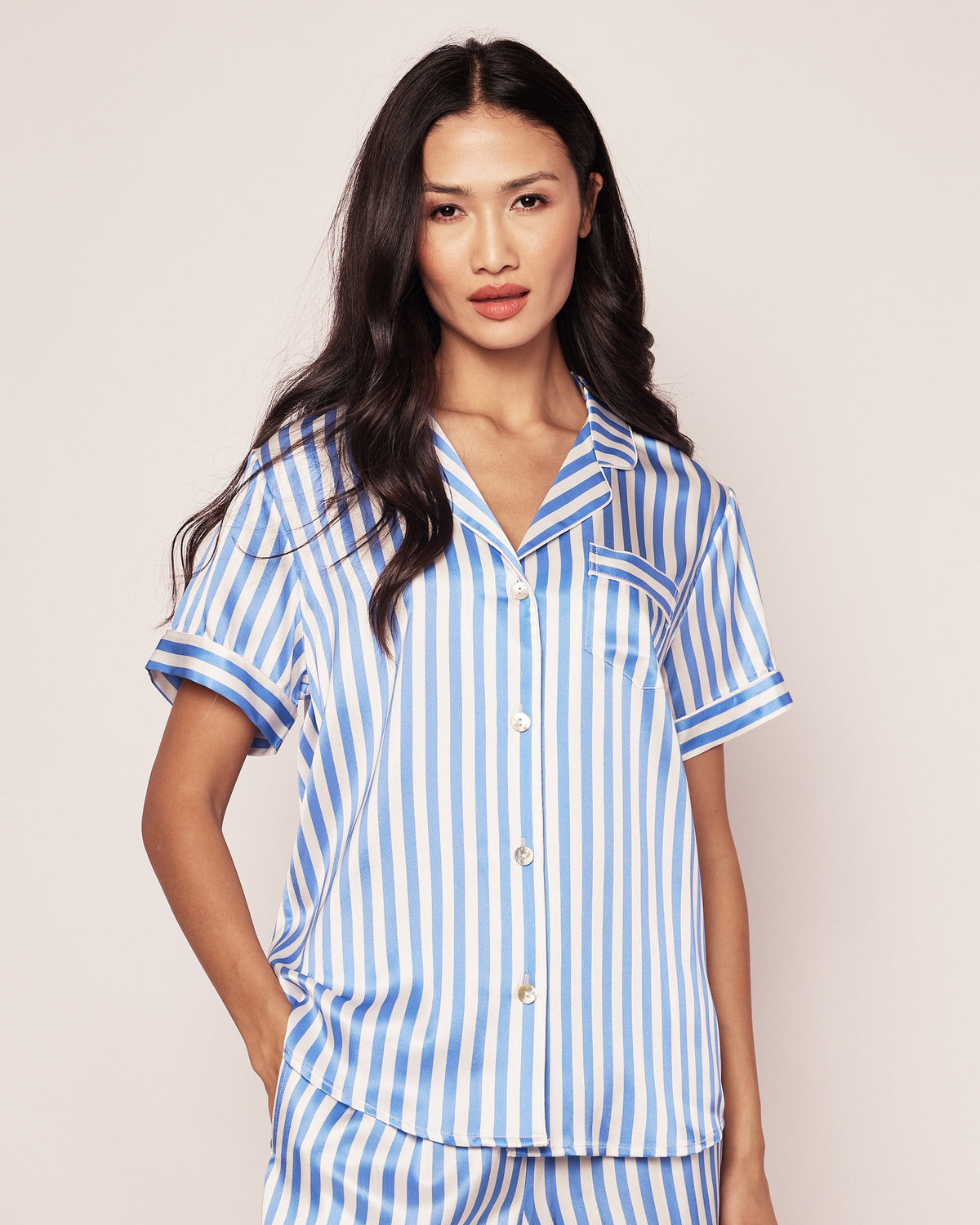 Women’s Silk Pajama Short Set in Azure Stripe