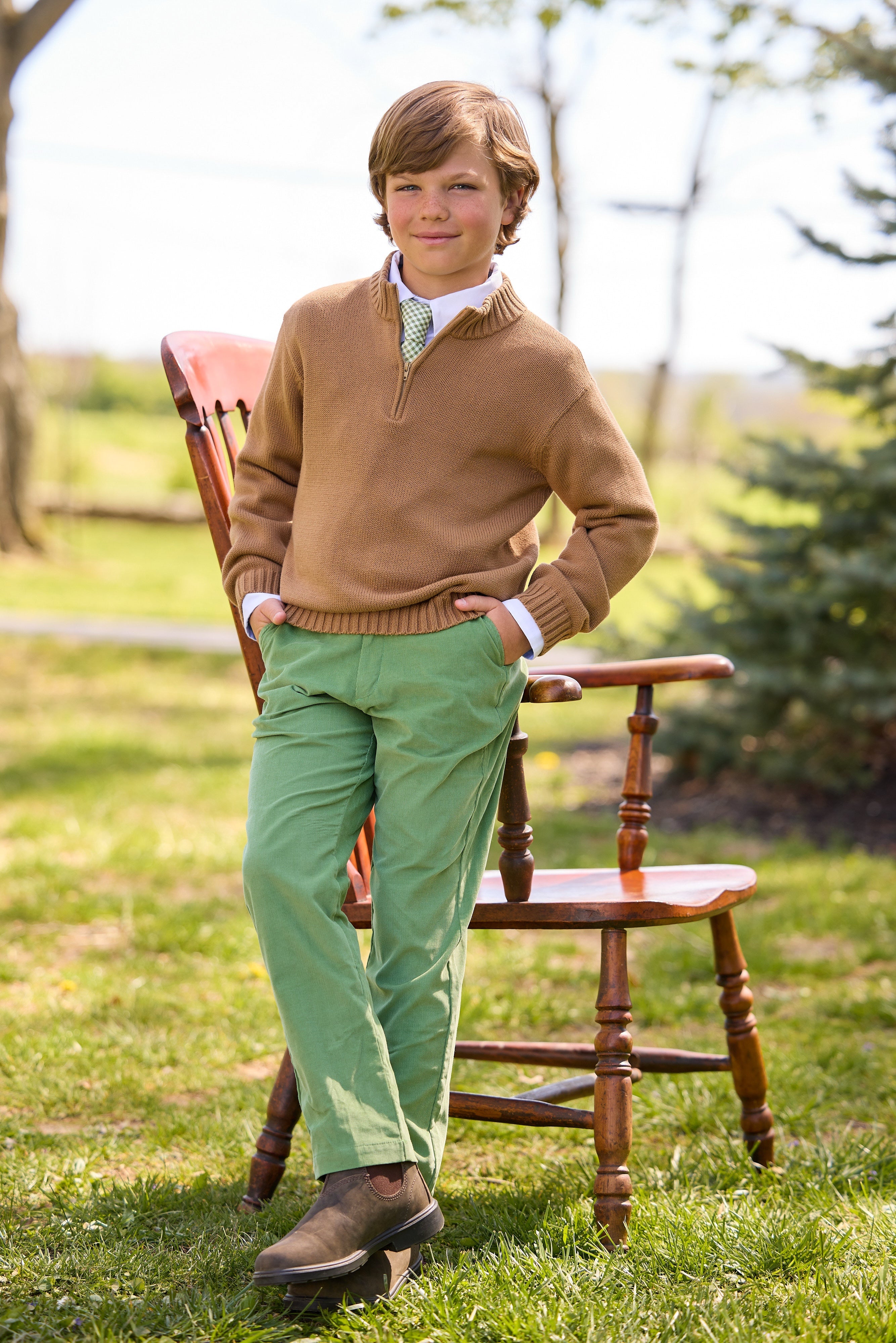 little english classic children's clothing boys chestnut brown quarter zip sweater, white button down shirt, classic pant in watercress green corduroy, neck tie in watercress gingham, outfit for fall 
