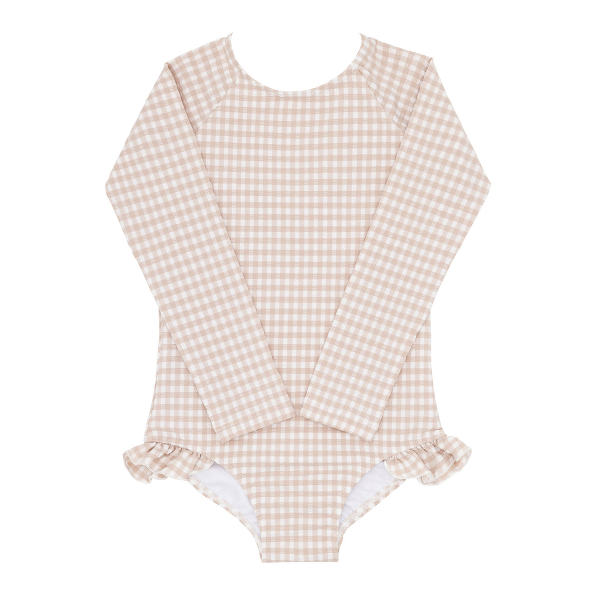 Girls Brown Crinkle Gingham Rashguard One Piece