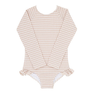 Girls Brown Crinkle Gingham Rashguard One Piece