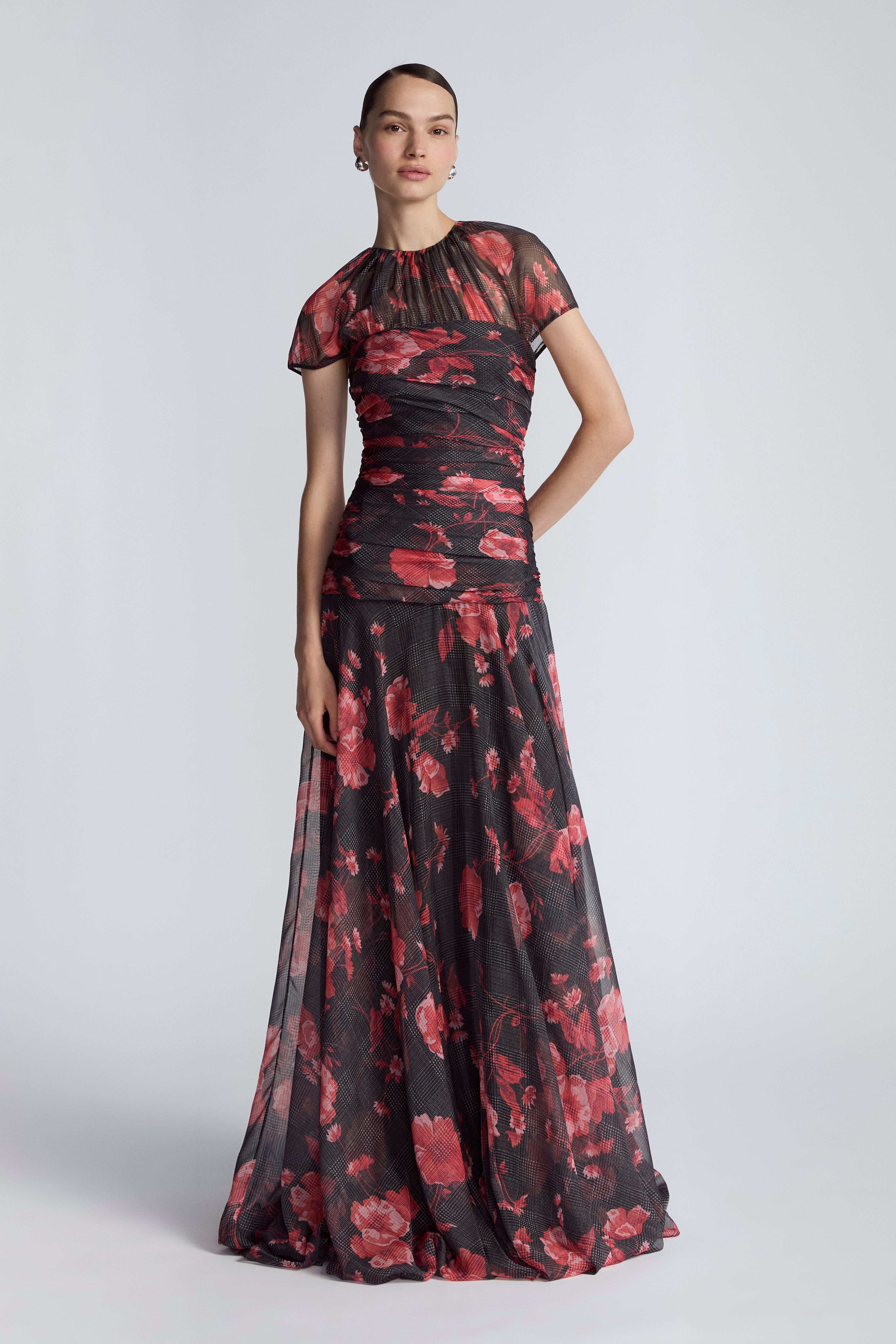 Floral Printed Glenn Plaid Chiffon Ruched Gown