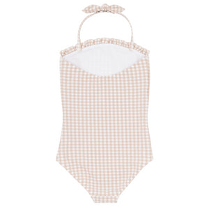 Girls Brown Crinkle Gingham Halter One Piece