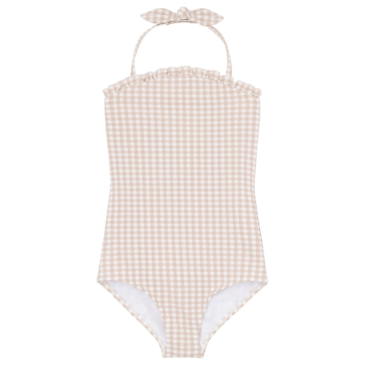 Girls Brown Crinkle Gingham Halter One Piece