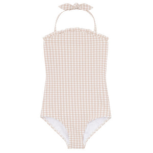 Girls Brown Crinkle Gingham Halter One Piece