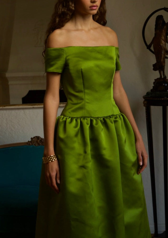 Off The Shoulder Drop Waist Gown in Chartreuse Double-Faced Satin