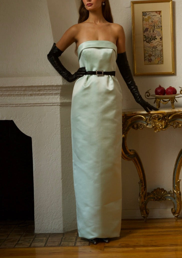 Strapless Slim Waisted Gown in Mint Double Faced Satin