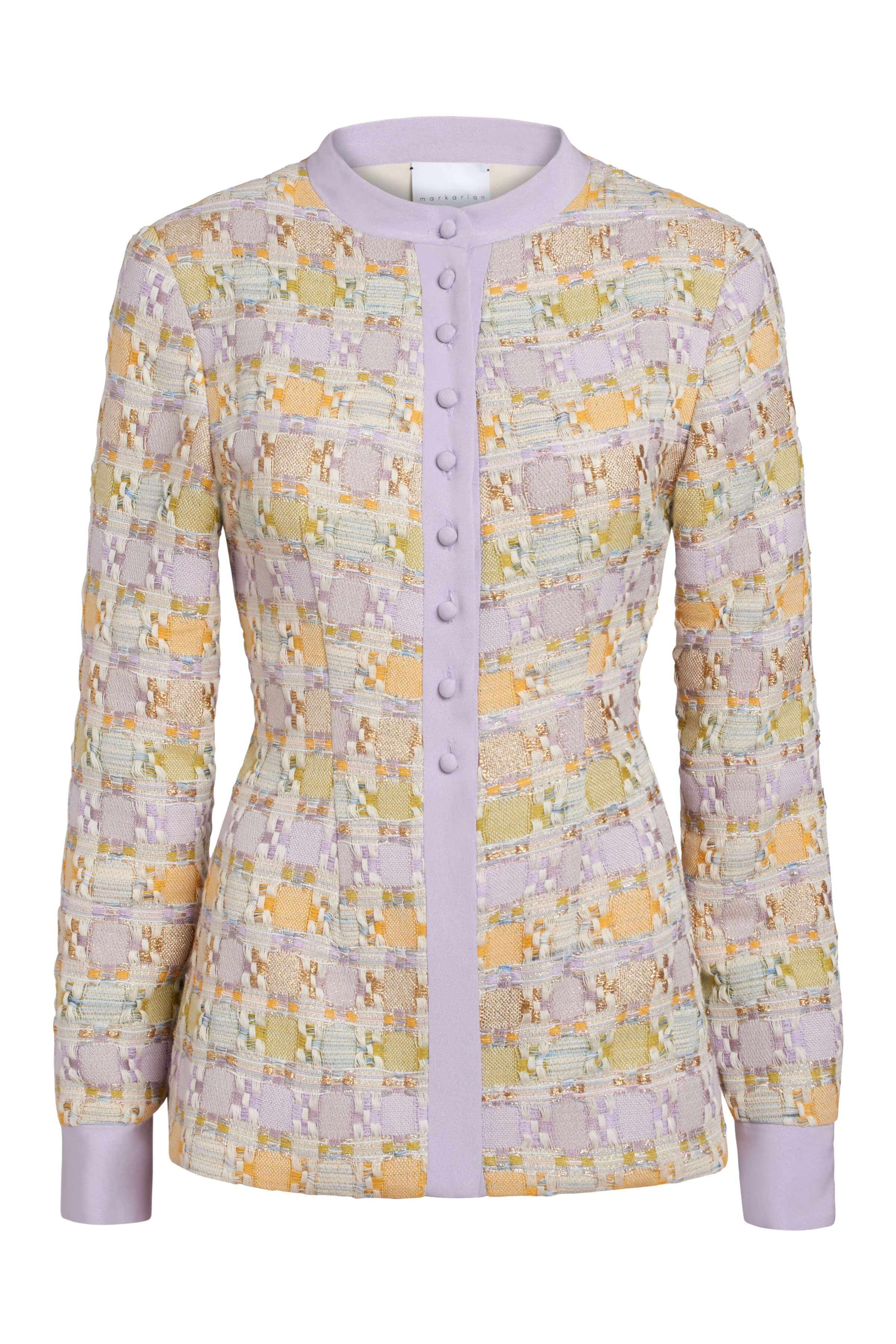 Raven Pastel Metallic Tweed Long Sleeve Button Down Top
