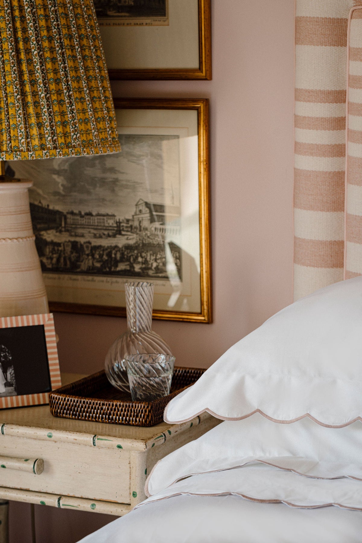 Rebecca Udall Annabelle Scalloped Bed Linen, Dusty Pink with the Rattan Serving Tray