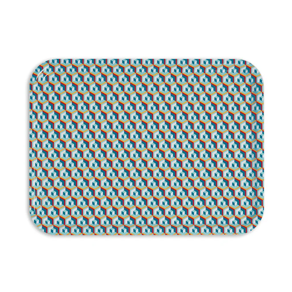 Rectangular Printed Tray in Cubo Giallo/Fuxsia Blue