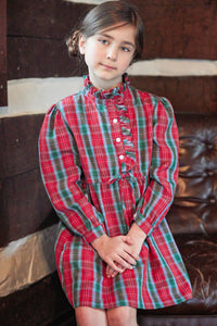 Little English traditional children's clothing, Ruffled Shirt Dress in red, green, and blue Highlands Tartan with ruffled neckline and long sleeves, for little girl