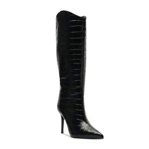 Maryana Wide Crocodile-Embossed Leather Boot in Black