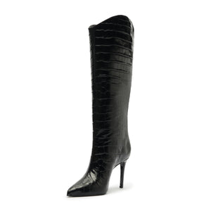 Maryana Wide Crocodile-Embossed Leather Boot in Black