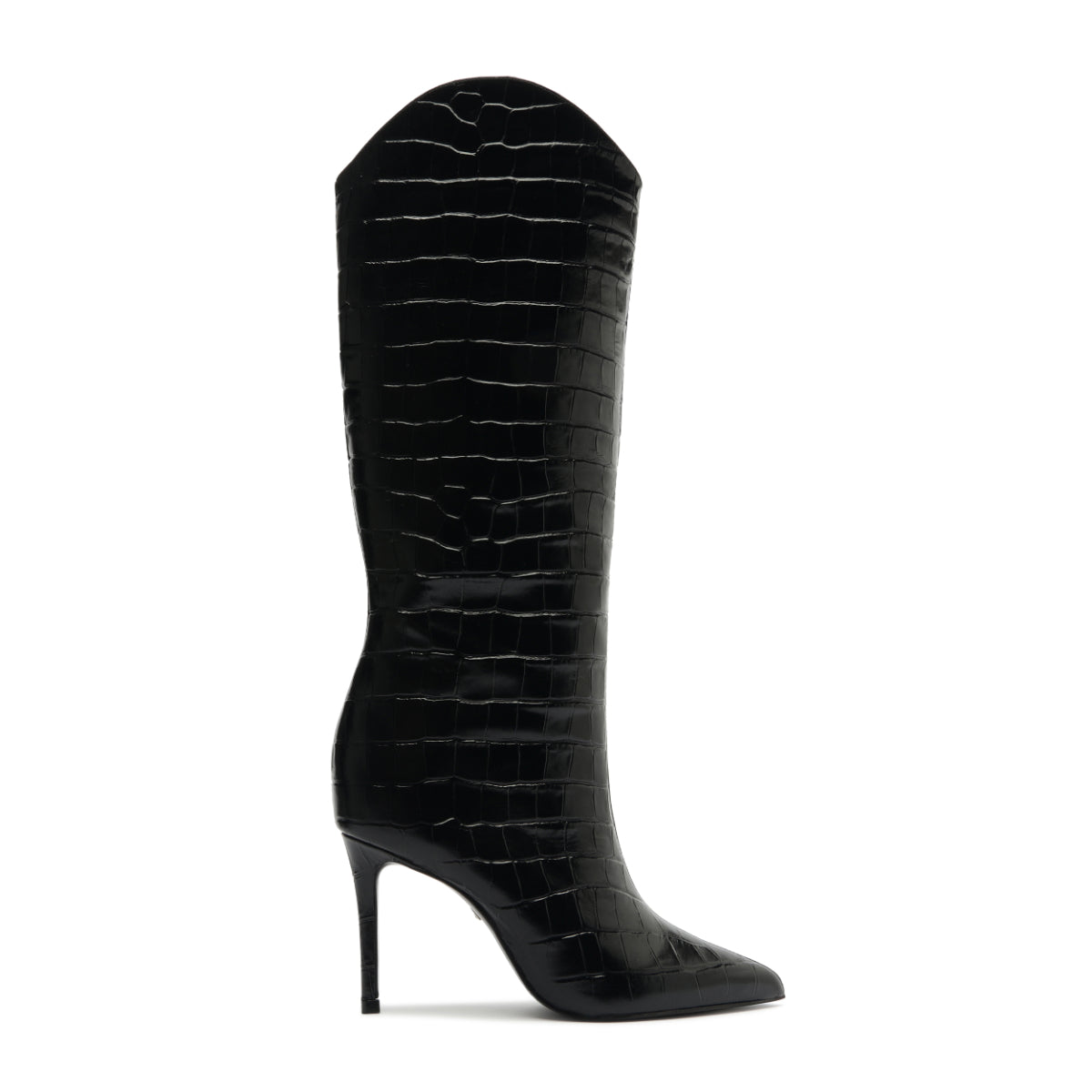 Maryana Wide Crocodile-Embossed Leather Boot in Black