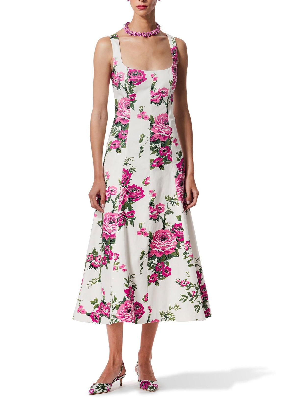 Pink Floral Printed Cotton Square Neck Midi Dress